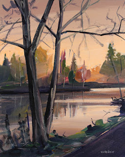 An acrylic painting of a sunrise at Audubon Lake, Amherst NY.