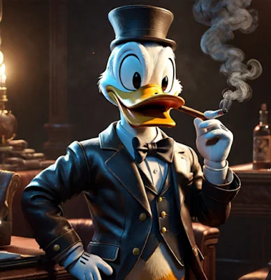 Donald duck smoking a cigar wearing a fashion blazer