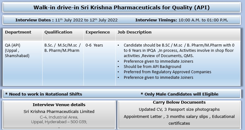 Job Available's for Sri Krishna Pharmaceuticals Walk-In Interview for BSc/ MSc/ B Pharm/ M Pharm