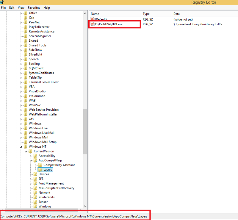 HKEY_CURRENT_USER \ Software \ Microsoft \ Windows NT \ CurrentVersion \ AppCompatFlags \ Layers