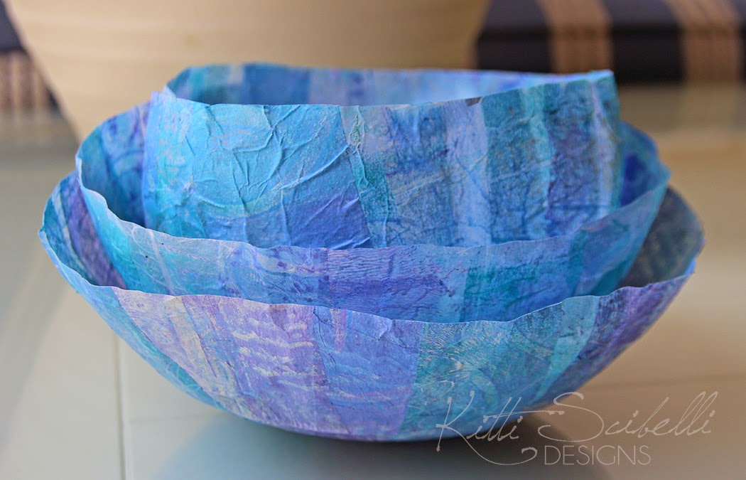 Blue painted tissue paper bowls
