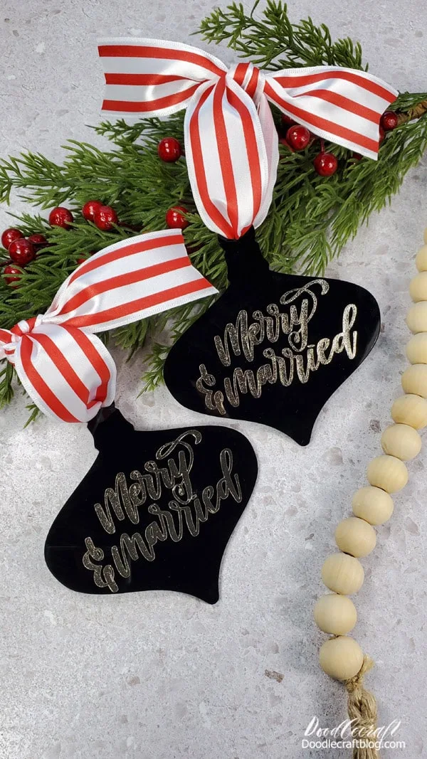 For these simple Merry and Married acrylic ornaments, you'll also need a Cricut or other cutting machine and vinyl.   It's really a simple but thoughtful DIY!