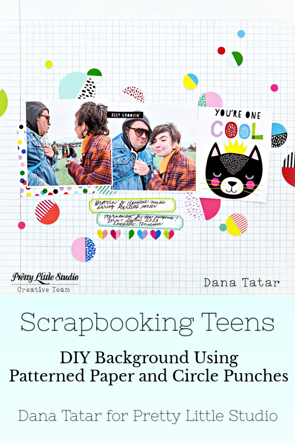 Teen Scrapbook Layout with bright and colorful DIY punched circle background and sticker and die-cut embellishments.