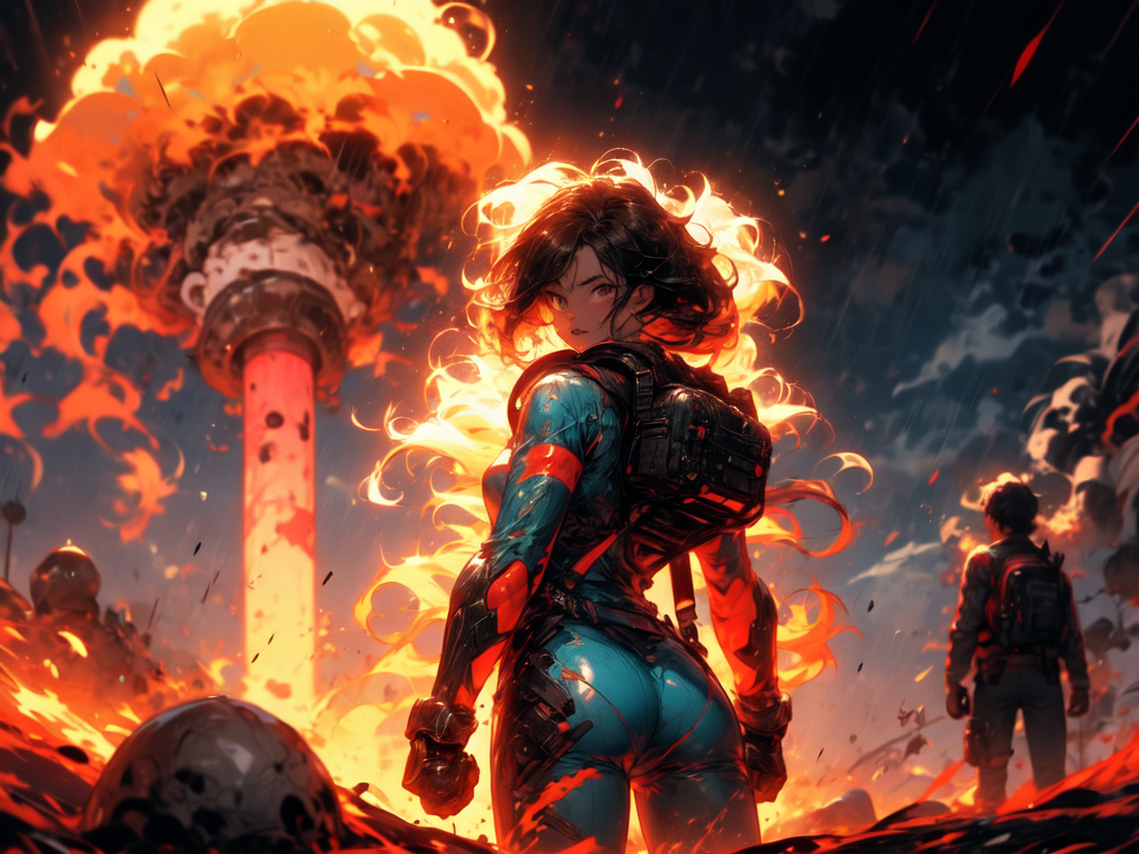 fallout style, {1girl holding camera}, thigh blue vaultsuit, dynamic pose, Lucy MacLean, black hair, brown eyes, parted lips, fangs out, surprised, focus on face, backpack, gear, view from behind, wasteland, nuclear explosion, mushroom cloud, cinematic view, absurdres, 8k, super detailed face and eyes, rain, wet, dirt, dust,