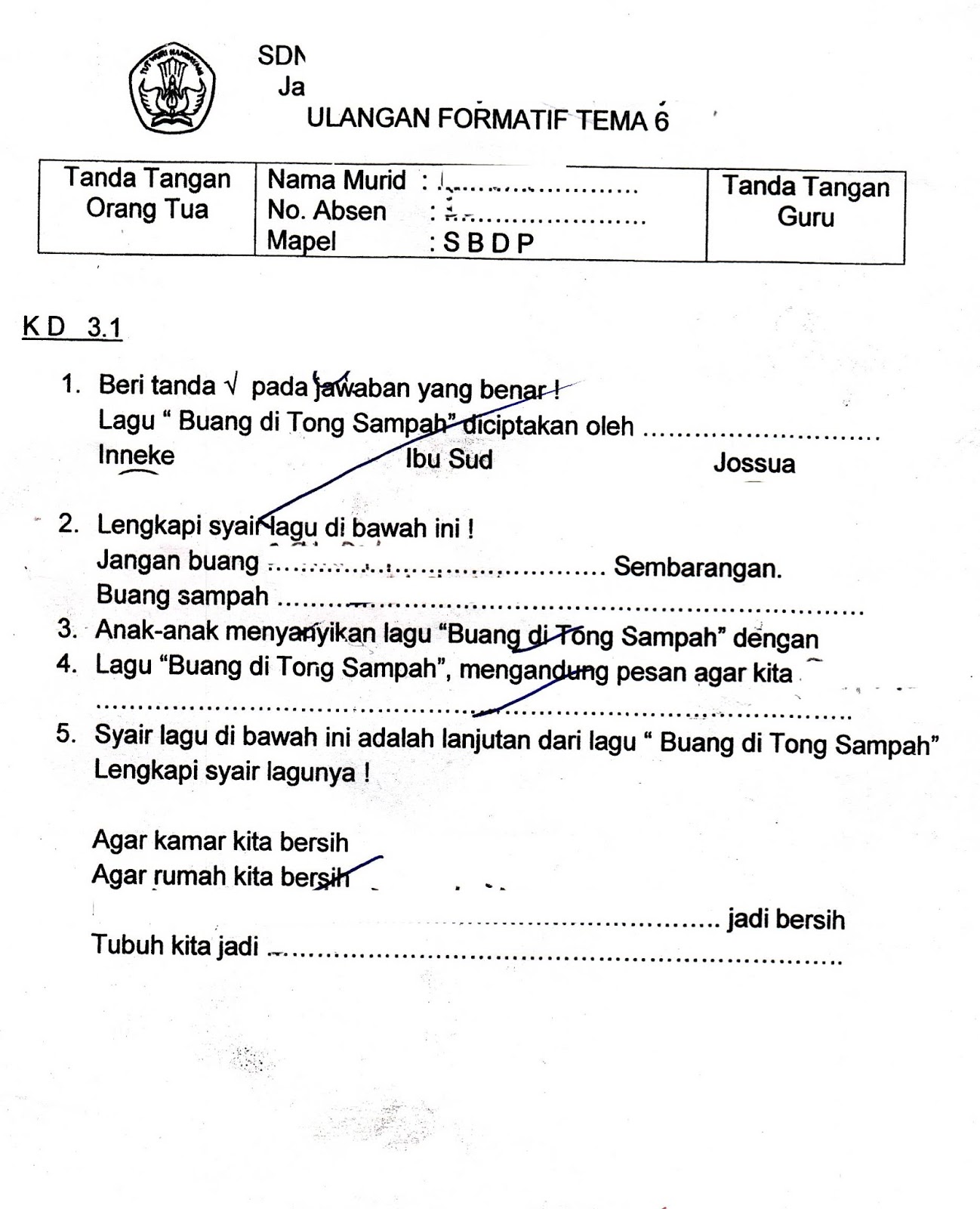 Formatif Tema 6 SBDP SD Kelas 1 TA 2015 2016 Kurikulum2013