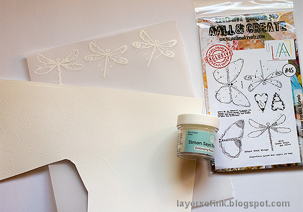 Layers of ink - Butterflies and Dragonflies Tutorial Art Journal Page by Anna-Karin Evaldsson, white embossing the stamps.