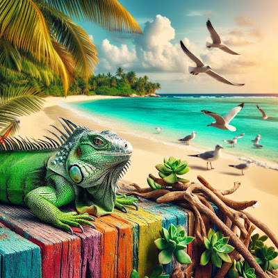 Bahamian Green Iguana on wood on tropic beach.