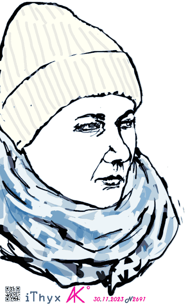 Портрет женщины в светлой шапочке, с намотанным вокруг шеи голубым шарфиком с синим принтом. Автор рисунка: художник #iThyx