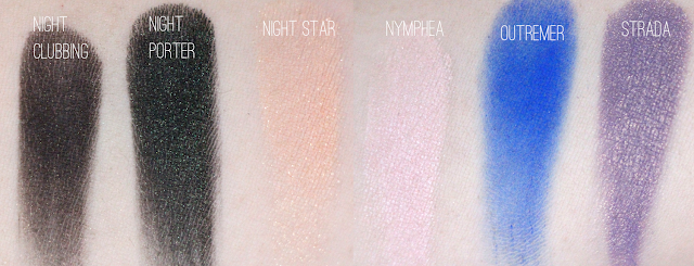 NARS Eyeshadow in Night Clubbing, Night Porter, Night Star, Nymphea, Outremer, Strada Swatches