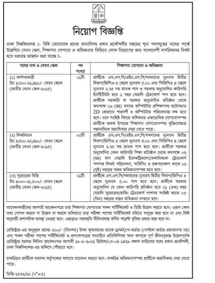 ঢাকা বিশ্ববিদ্যালয়ের নতুন নিয়োগ বিজ্ঞপ্তি ২০২২ - Dhaka University new job circular 2022