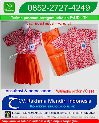 setelan batik TK Paud Model unik warna orange kombinasi polos orange unik lucu 2024 rok lipit hem pendek