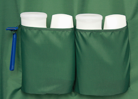 green shower curtain with pockets