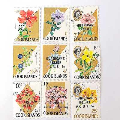 Cook Islands postage stamps marked hurricane relief and kia orana Apollo 13