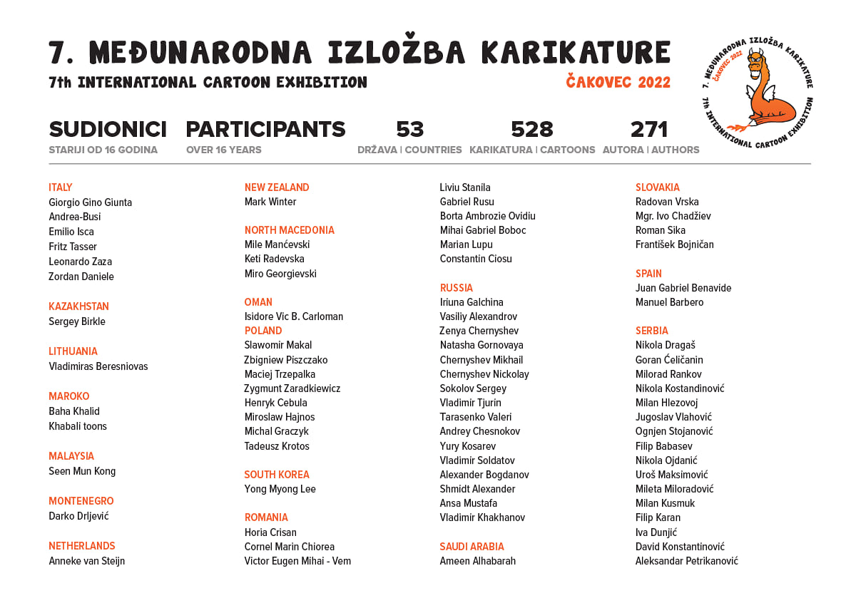 Participants of the 7th International Cartoon Exhibition, Čakovec 2022