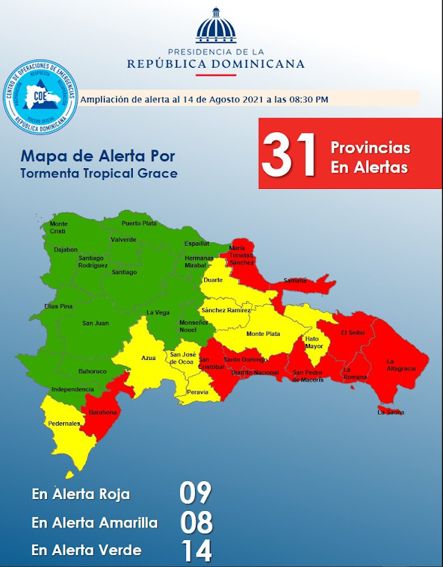 COE emite alerta roja para 9 provincias ante avance de tormenta tropical Grace; incluyendo Barahona.