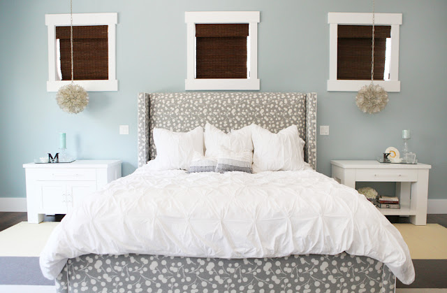 Brooke Jones Designs Modern Bedroom Custom Designed Upholstered Bed Thom Filicia Burnett Fabric Pottery Barn Capiz Pendant