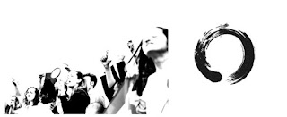 Black and white image of activists and a Japanese enso