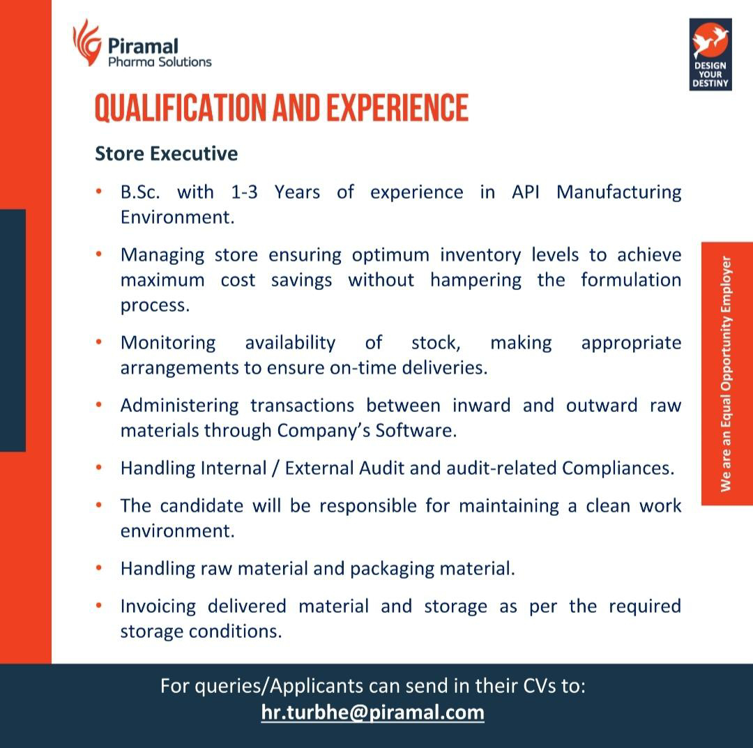 Job Available's for Piramal Pharma Ltd Job Vacancy for Store Executive