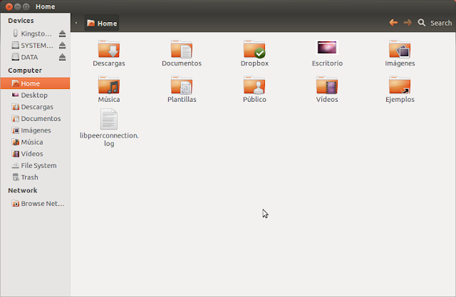 Ventana del gestor de archivos de Ubuntu 12.04