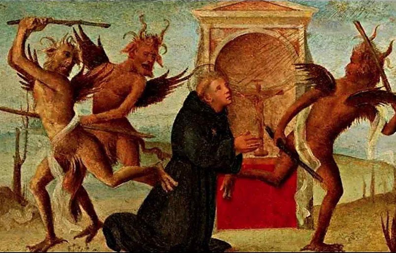 Demonios se assanham contra o sacerdote orante. No quadro Santo Arsenio o Grande (350 - 445) Padre do Deserto