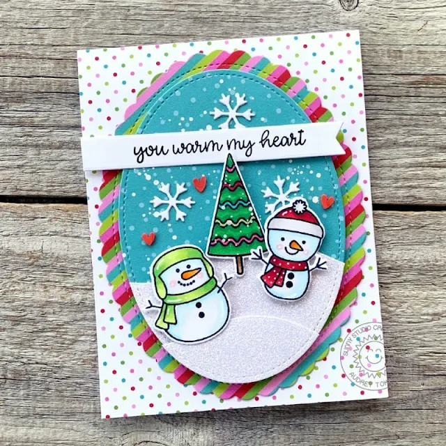 Sunny Studio Stamps: Stitched Oval Die Scalloped Oval Mat Die Feeling Frosty Christmas Card by Audrey Tokach