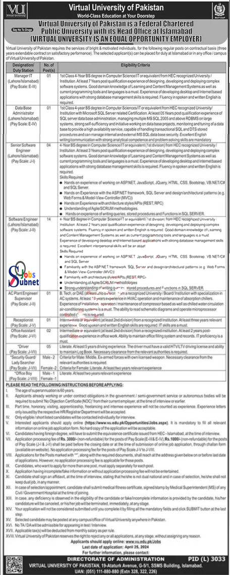 Vacancies Announcement At Virtual University Of Pakistan 2024