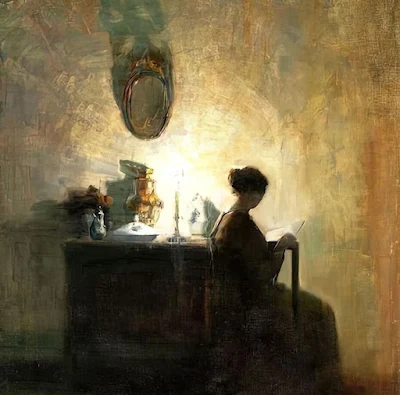 Artist's Wife Reading by the Candlelight painting Carl Vilhelm Holsoe
