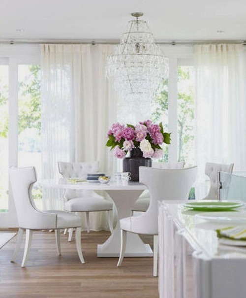 beautiful room - traditional style white dining room with hot pink accents