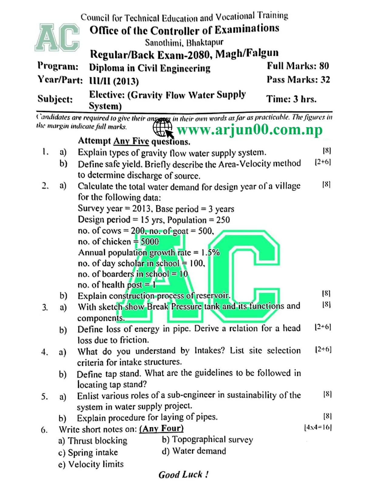 Gravity Flow Water Supply System (Elective):- 2081 and 2080 Question Bank of Sixth Semester ,DCE, Diploma in Civil Engineering , CTEVT, arjun00, Gravity Flow Water Supply System (Elective) :-  2079 Paper , Gravity Flow Water Supply System (Elective) :-  2080 Paper ,