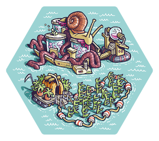 A sea hex from The Bottled Sea featuring a derelict seahorse breeding facility and a kelp garden.