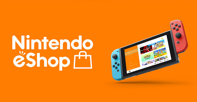 Arte da Nintendo eShop com o logotipo da loja digital e um Nintendo Switch, ambos em um fundo laranja