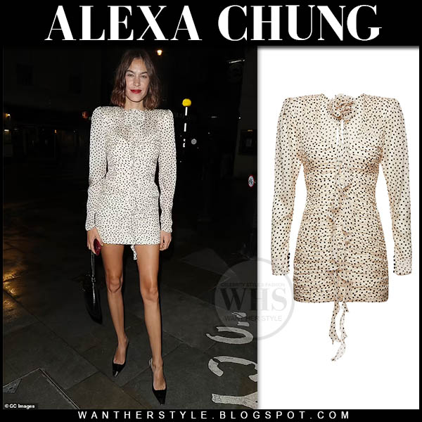 Alexa Chung in white polka dot ruched mini dress