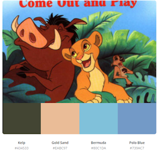 The Lion King Come Out and Play Color Palette Kelp #434533  Gold Sand #EABC97  Bermuda #80C1DA  Polo Blue #739AC7