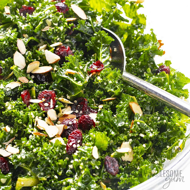 Closeup of Kale Crunch Salad in a glass bowl.