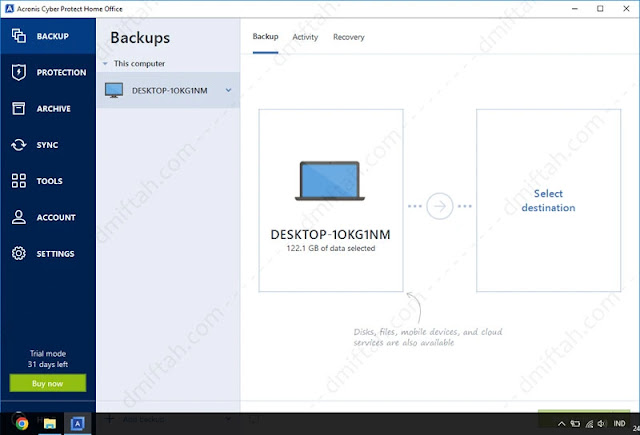 Backup menu Acronis Cyber Protect Home Office