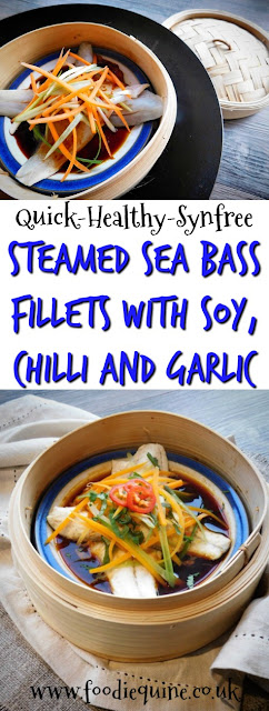 www.foodiequine.co.uk Punchy Asian flavours abound in this healthy, quick and easy fish dish which is SYN FREE on Slimming World. Steamed Sea Bass Fillets with Soy, Chilli and Garlic using frozen fish cooked in a bamboo steamer over a wok. On the table in less than 10 minutes.