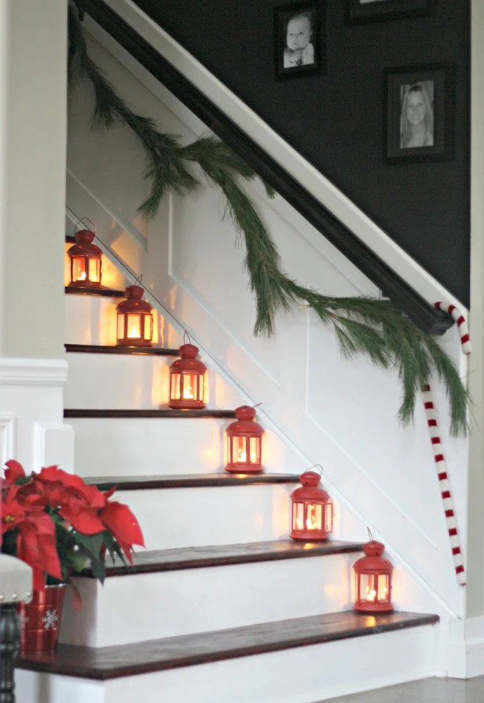 lanterns on stairs Christmas