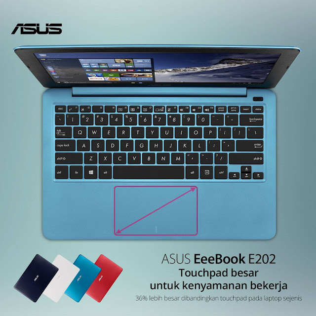 ASUS E202 memiliki touchpad yang lega dan membuat nyaman bekerja