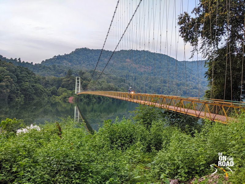 Crossing the Shivapura hanging bridge on motorcycle