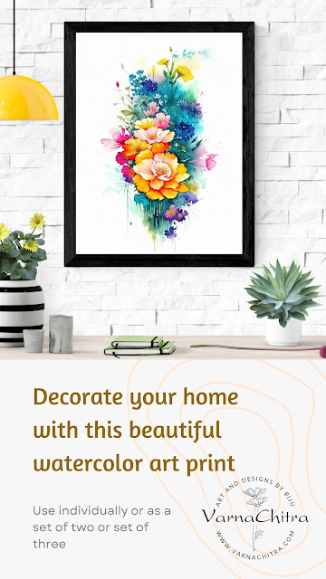Watercolor painterly painting of wild flowers to charge up any interiors, by Biju P Mathew, varnachitra suitable for rooms in all color themes, how it will look on light colored wall