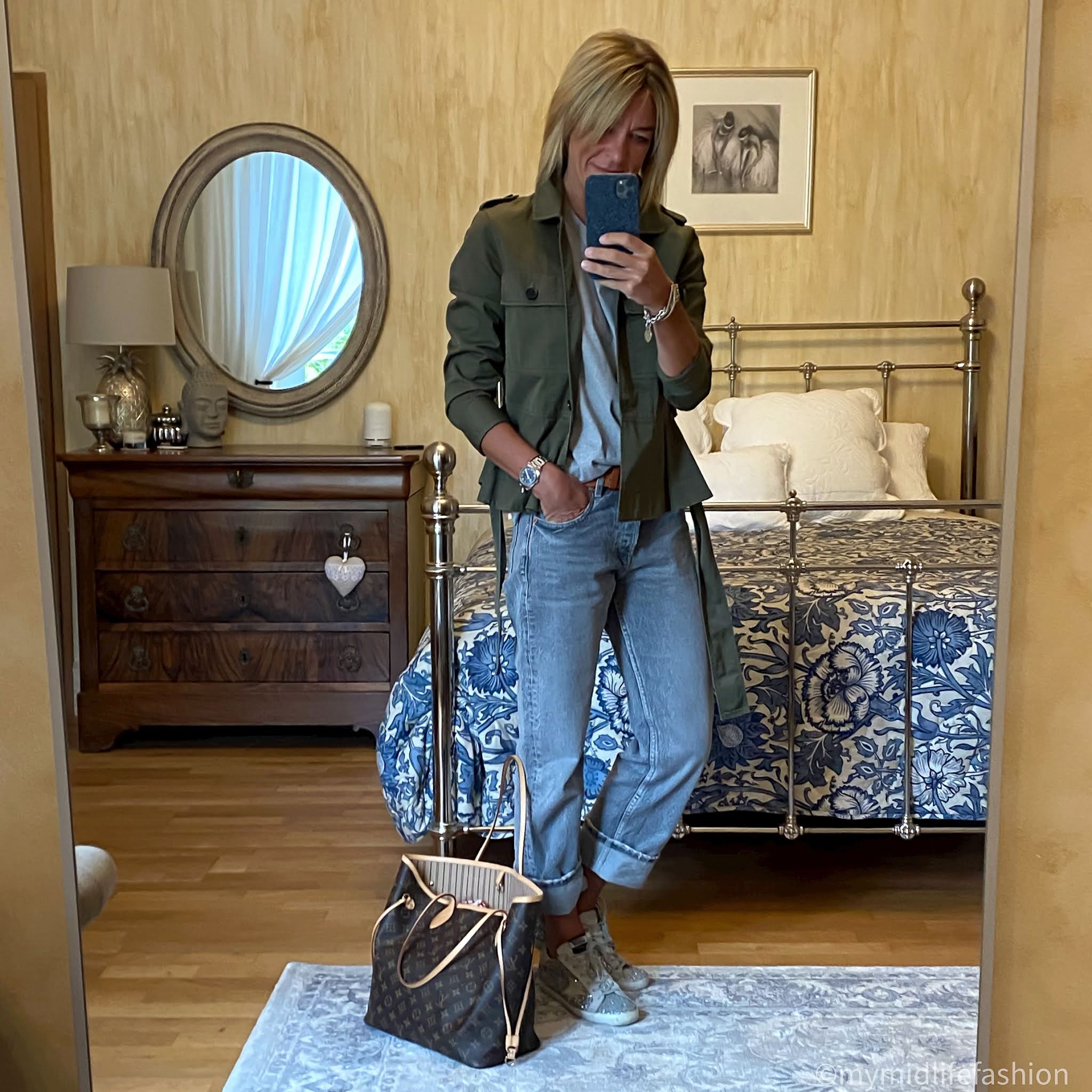 my midlife fashion, J crew shacket, Joseph crew neck t-shirt, zara low rise straight leg jeans, golden goose superstar low top leather trainers, Louis Vuitton never full bag