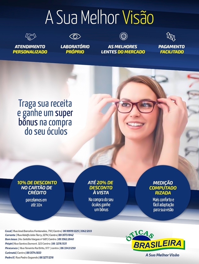 Óticas Brasileira oferece 30% de desconto em toda a linha de óculos de sol em Cocal-PI