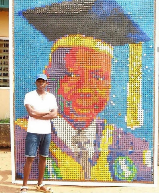 Student Uses Over 6000 Bottle Covers To Make A Portrait Of His Vice Chancellor