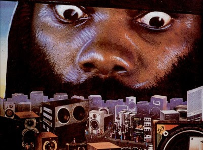 A close-up of Dennis Bovell's face looms over a city comprised of various stereo speakers.