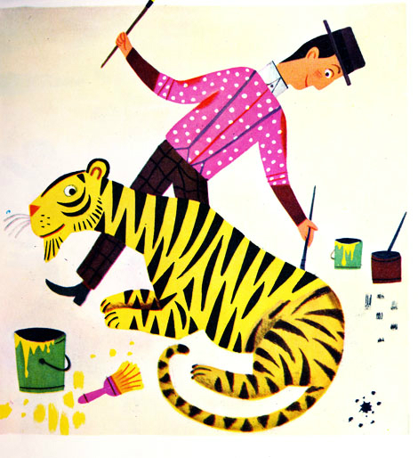 Le Manege Vivant (c. 1950), which is the French edition of The Marvelous Merry-Go-Round, written by Jane Werner and illustrated by J.P. Miller. A man in pink shirt and black hat is painting a tiger lines in black and yellow