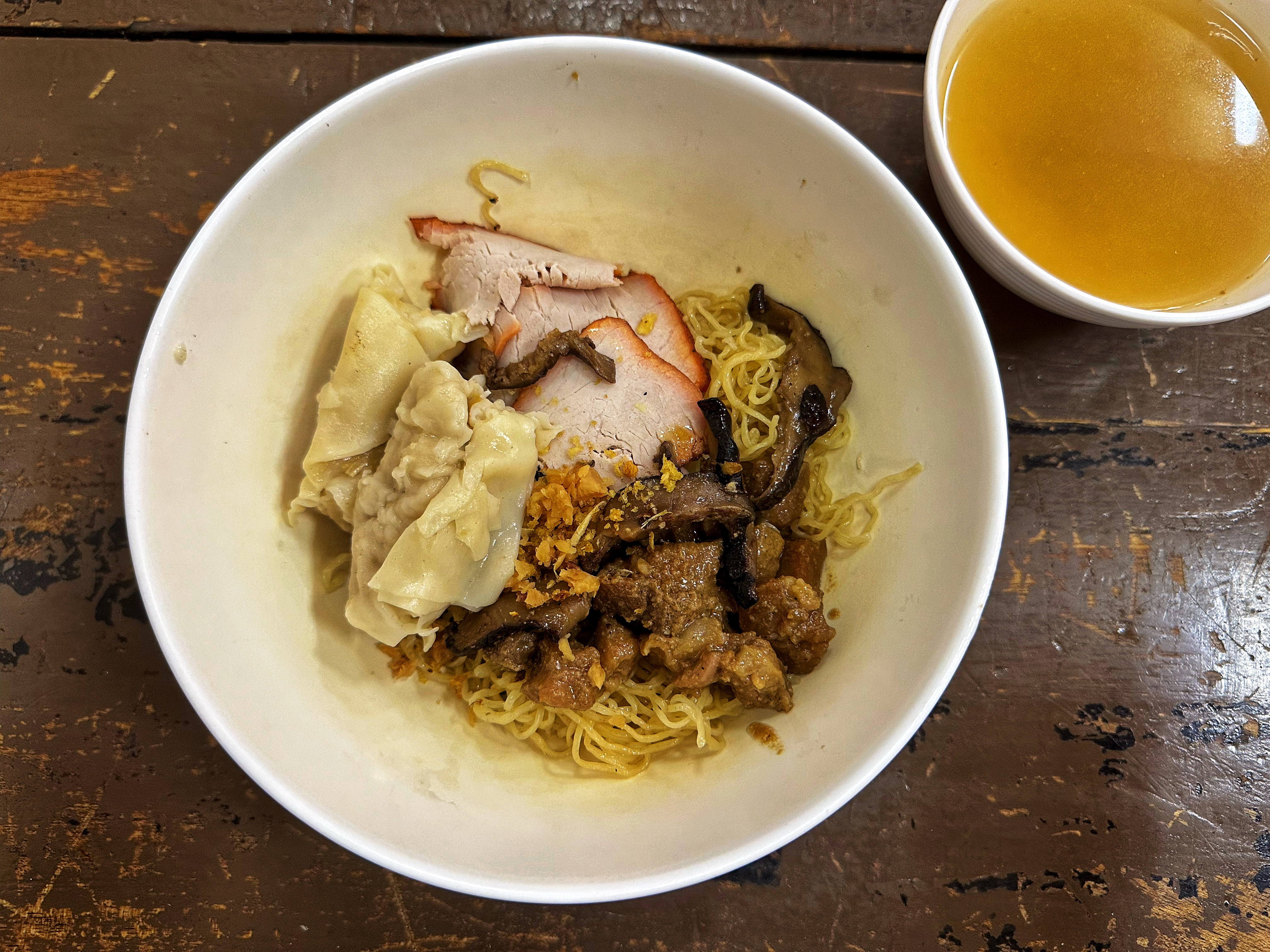 Noodles with Shrimp Wontons, BBQ Pork, and Black Mushroom