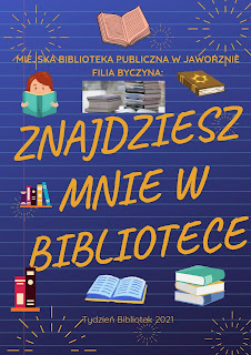 Plakat informujący o tygodniu bibliotek 2021