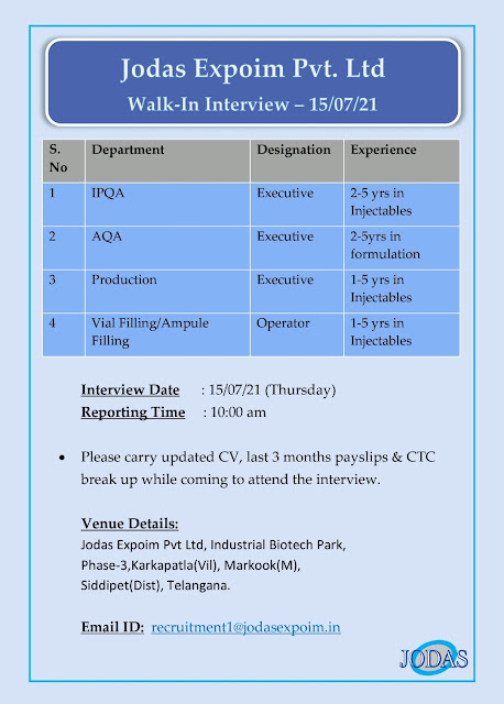 Job Availables, Jodas Expoim Pvt. Ltd Walk-In Interviews for IPQA / AQA / Production / Vial Filling / Ampule Filling