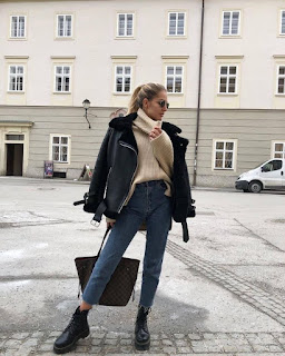 black leather coat , sweater , jeans mom , short boots , louis vuitton 