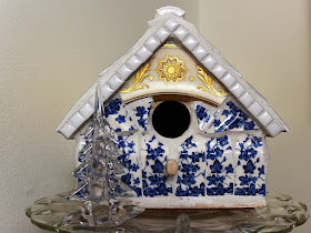 Mosaic birdhouse blue white gold
